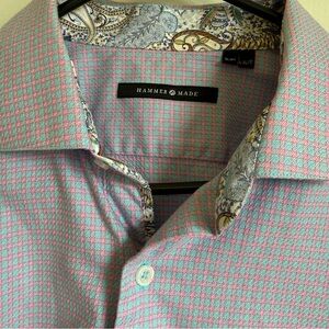 Hammer Made Men’s Size L - XL 17” Neck Button Up Shirt Pink & Blue Paisley Cuffs